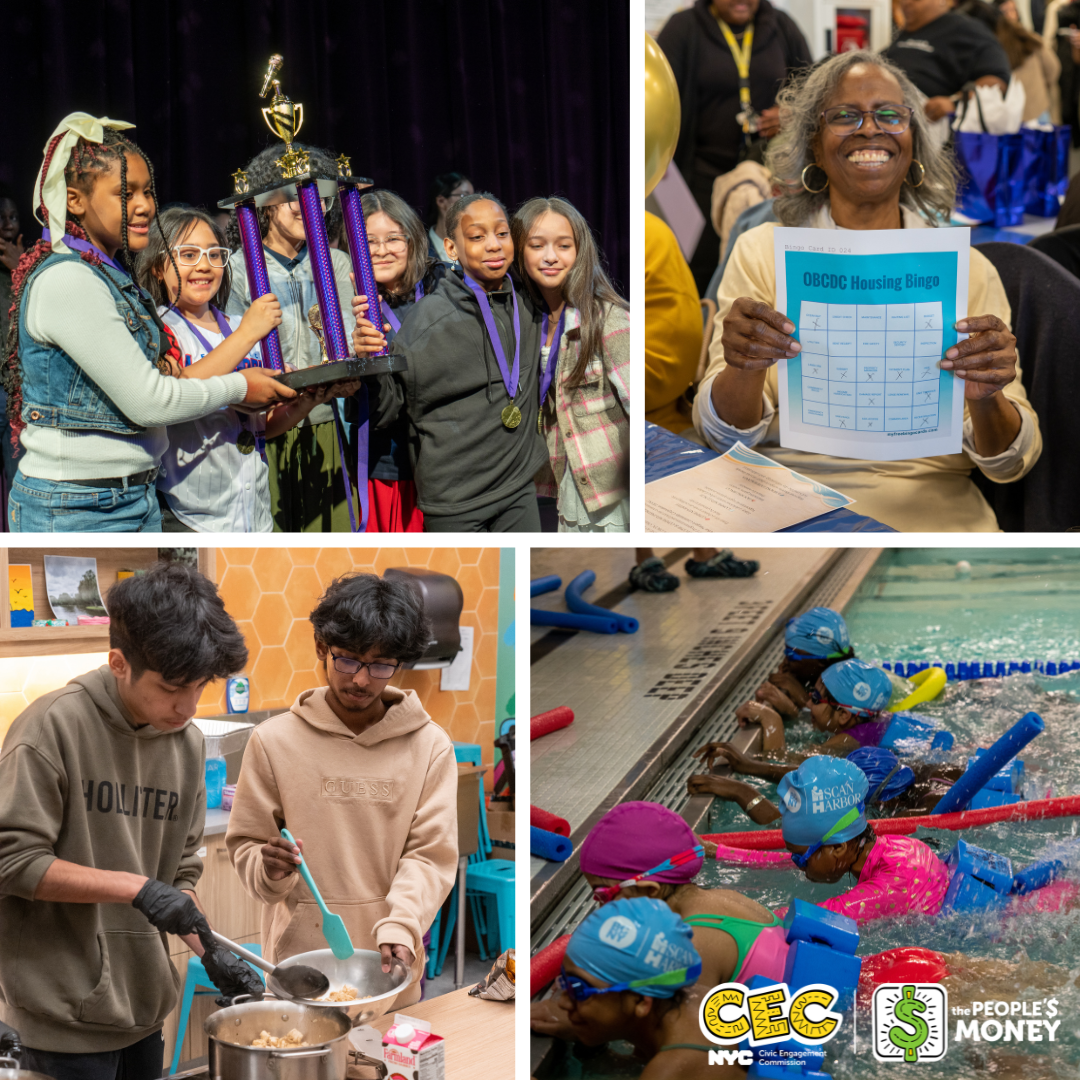 Collage of four photos with youth holding a trophy at the top left, an older adult holding a Housing Bingo sheet at the top right, teens cooking at the bottom left, and children swimming at the bottom right with The People’s Money.
